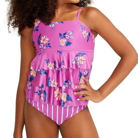 Justice sz large 12/14 two piece tankini swimsuit new with tags pink floral - Picture 1 of 6
